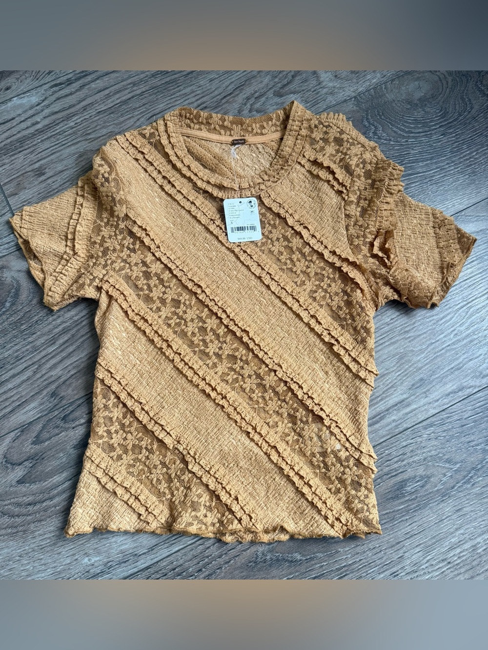94. Free People Lace Ruffle Top Gold Size Small NWT